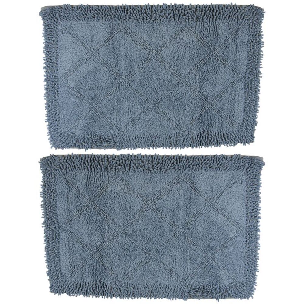 Gold Coast Shaggy Cotton Lattice Blue Bath Rug 28" x 18" Set of 2